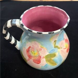 Hand Painted Large round Ceramic Pitcher Pink Flowers On Blue 8”x9” Original